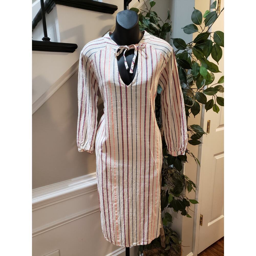 Sundry Shirt Dress Women's 0‎ White Striped Cotton Long Sleeve Keyhole Tie Front